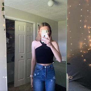 aritzia black sculpt knit cross cross cropped tank